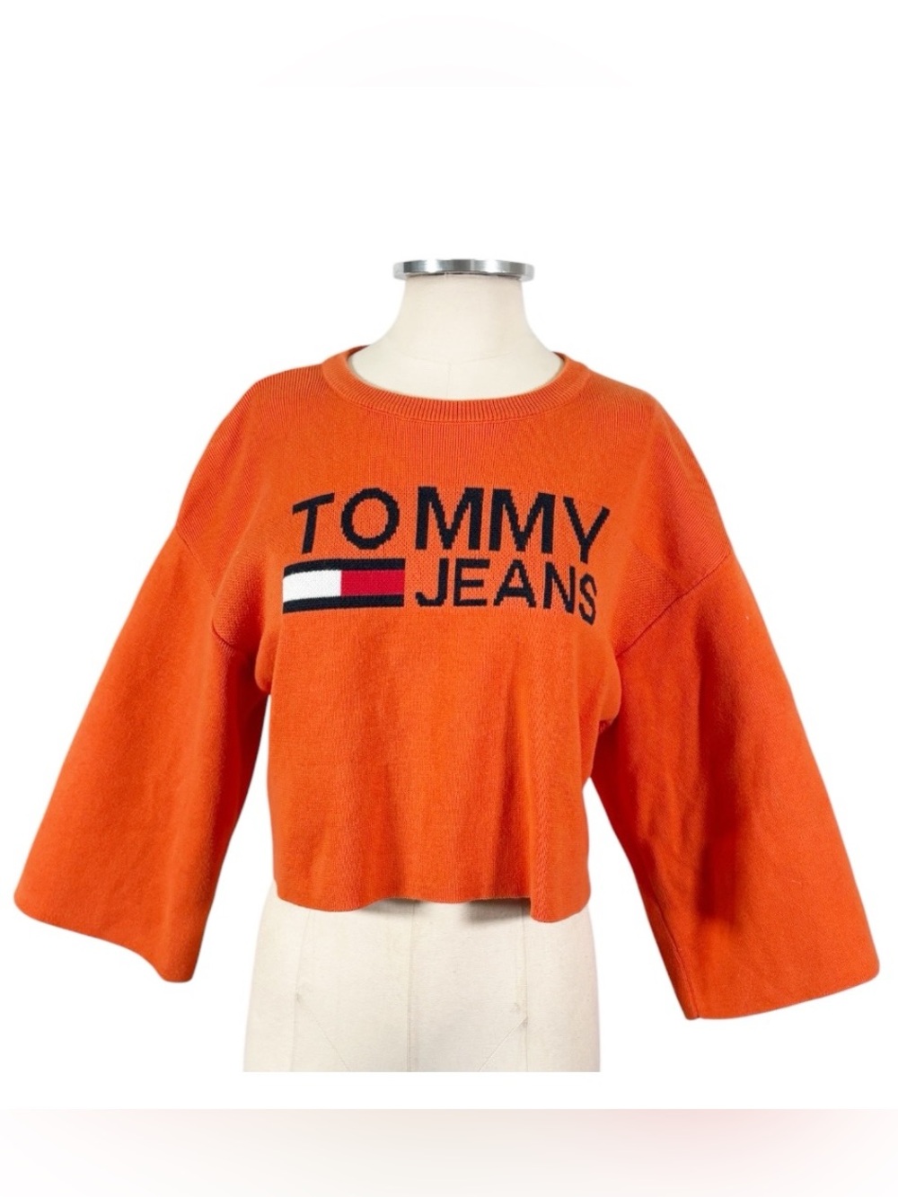 Tommy Jeans Cropped Logo Y2k Style Wide Sleeve Sweater Size Small - Picture 2 of 11